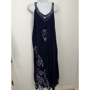 IN-GEAR Boho Navy Blue crinkle boho maxi dress hippie sleeveless embroidered OS